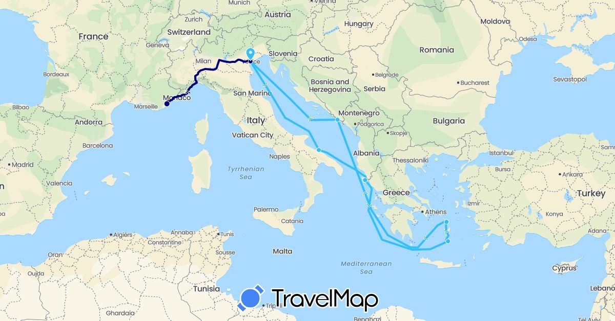 TravelMap itinerary: driving, boat in France, Greece, Croatia, Italy (Europe)